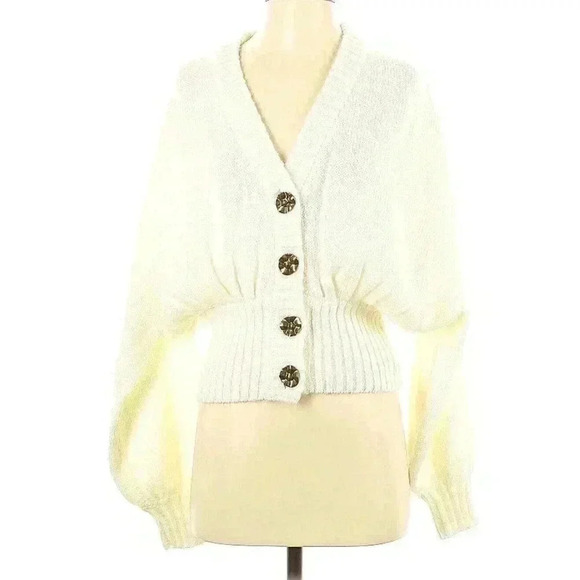 Farm Rio Off-White Bubble Knit Cardigan S Chunky Sweater Brown Buttons Crop NWT - Picture 6 of 8